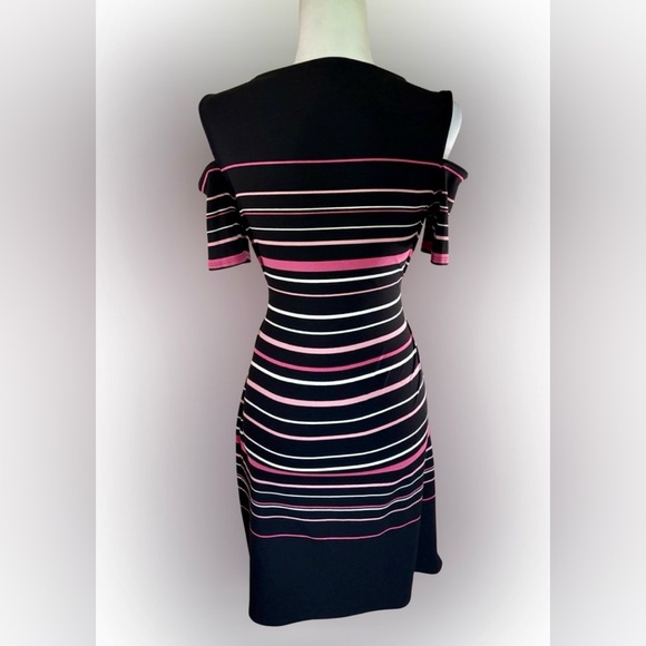 White House Black Market Striped Cold Shoulder Dress Pink Black White Size S - Picture 2 of 5
